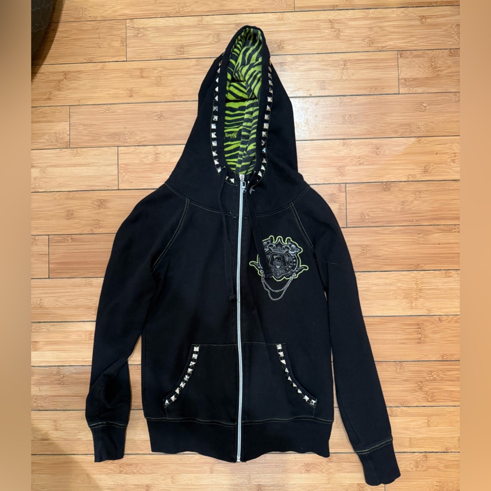 Abbey Dawn Sz M Custom Hand Studded Black Green Zebra Hood Vintage Hoodie. Y2K.